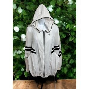 VIA BEANS Windbreaker Hoodie Jacket Sz Large White Black Full Zip Lightweight